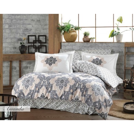 Lenjerie de pat Poplin Percale Clementina Dusty Rose, bumbac 100%, cu roz prăfuit și gri, design geometric, cearșaf pilotă, cearșaf pat, fețe de pernă
