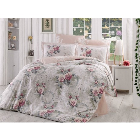 Lenjerie de pat Clementina Dusty Rose, model cu trandafiri roz și alb, set 4 piese