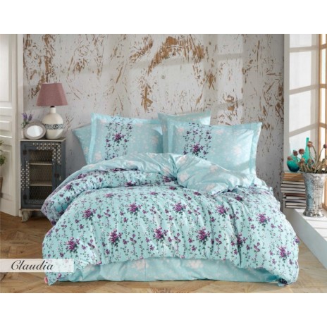 Lenjerie de pat Poplin Percale Claudia Turquoise, bumbac 100%, cu flori mov și turcoaz, cearșaf pilotă, cearșaf pat, fețe de pernă