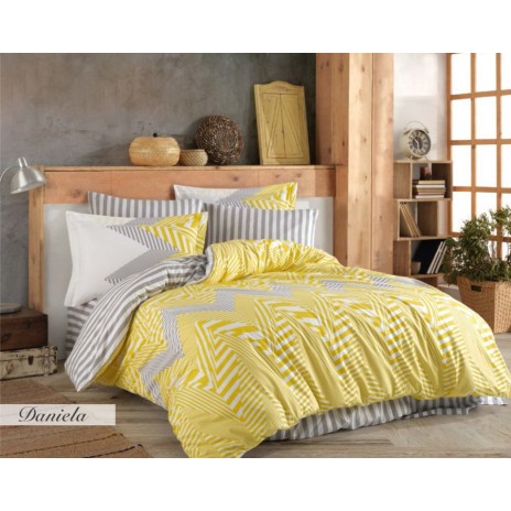 Lenjerie de pat Poplin Percale Daniela Yellow, bumbac 100%, cu dungi galbene și gri, cearșaf pilotă, cearșaf pat, fețe de pernă