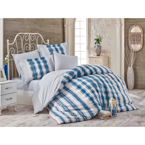 Lenjerie de pat Debora Blue cu dungi albastre și albe, 100% bumbac poplin, design elegant, 4 piese.