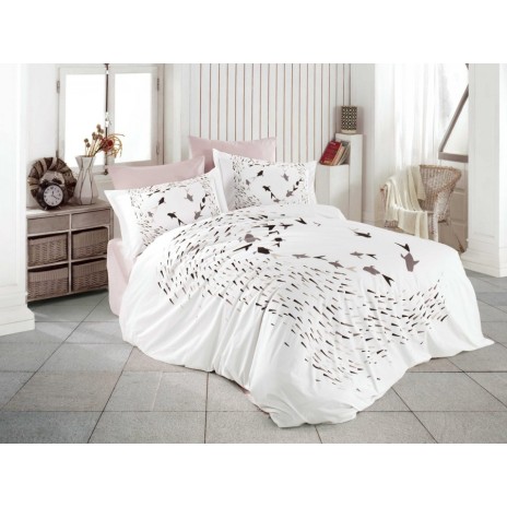 Lenjerie de pat Delfina Beige, model cu păsări în zbor, alb și bej, set 4 piese