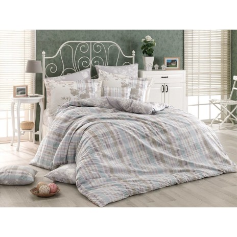 Lenjerie de pat Elenora Grey, design carouri gri și alb, set 4 piese