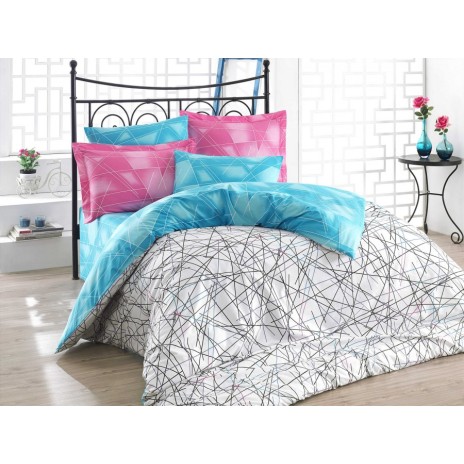 Lenjerie de pat Elisa Pink cu design abstract în roz, albastru și alb, 100% bumbac poplin, 4 piese.