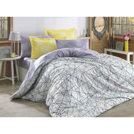 Lenjerie de pat Elisa Yellow cu design abstract în gri și alb, 100% bumbac poplin, 4 piese.