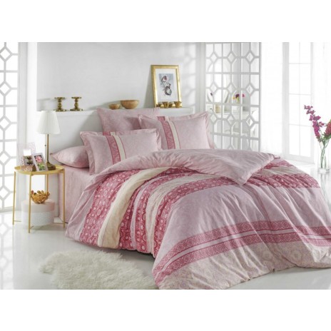 Lenjerie de pat Emma Pink, design în dungi și flori roz și crem, set 4 piese