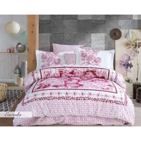 Lenjerie de pat poplin cu model floral și cercuri roșii, din bumbac 100%, set de 4 piese