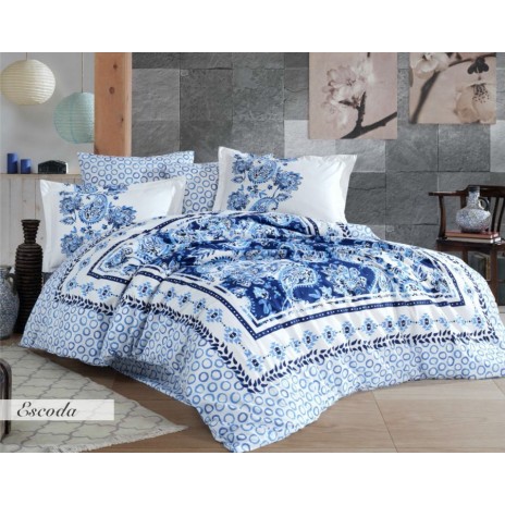 Lenjerie de pat poplin cu model floral și cercuri albastre, din bumbac 100%, set de 4 piese