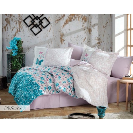 Lenjerie de pat Poplin Percale Felicita Turquoise, bumbac 100%, cu flori și fluturi turcoaz, cearșaf pilotă, cearșaf pat, fețe de pernă