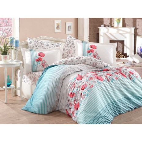 Lenjerie de pat Fiesta Aqua cu flori roșii și dungi albastre, 100% bumbac poplin, design floral și dungi, 4 piese.