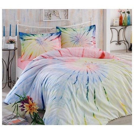 Lenjerie de pat Fiesta Aqua, design colorat albastru, roz și verde, set 4 piese