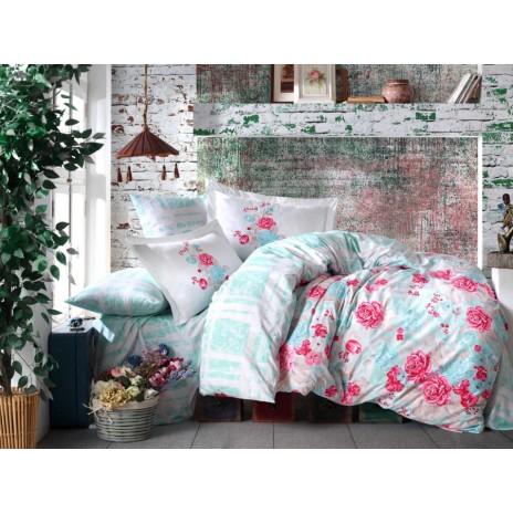 Lenjerie de pat Florentina Mint, model cu flori romantice, set 4 piese