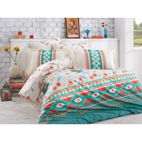 Lenjerie de pat Francesca Green cu motive etnice în verde, roșu și portocaliu, 100% bumbac poplin, design colorat, 4 piese.