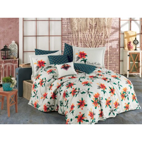Lenjerie de pat Poplin Percale Frida Kahlo Spring, bumbac 100%, cu flori portocalii și verzi, cearșaf pilotă, cearșaf pat, fețe de pernă, ambalaj elegant tip cadou