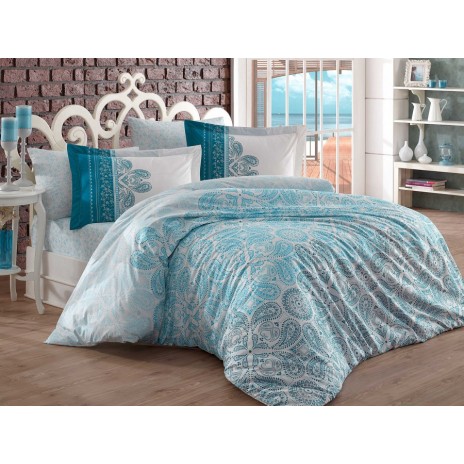 Lenjerie de pat Irene Turquoise cu motive paisley în turcoaz și alb, 100% bumbac poplin, design elegant, 4 piese.