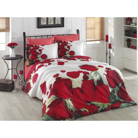 Lenjerie de pat Isabella Red cu trandafiri roșii, 100% bumbac poplin, design elegant și romantic, 4 piese.