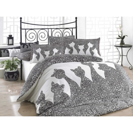 Lenjerie de pat Jazz Black cu siluete de pisici și motive florale în alb și negru, 100% bumbac poplin, design elegant, 4 piese.