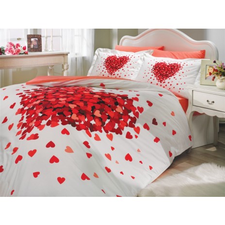 Lenjerie de pat Juana Red cu inimioare roșii pe fundal alb, 100% bumbac poplin, design romantic și vesel, 4 piese.