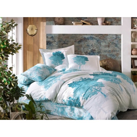 Lenjerie de pat poplin July Blue, design copaci albastri, set 4 piese