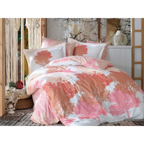 Lenjerie de pat poplin July Pink, design copaci roz, set 4 piese
