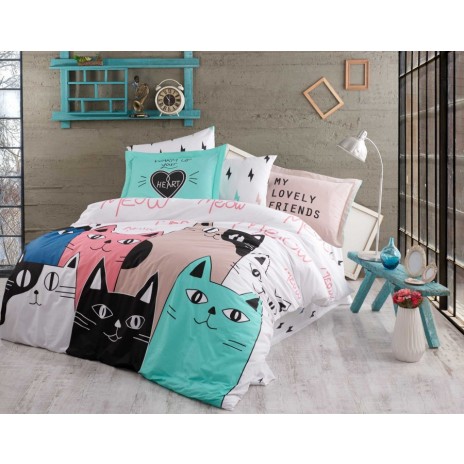 Lenjerie de pat Poplin Percale Love Cats Pink, bumbac 100%, cu pisici roz, crem și albastru, cearșaf pilotă, cearșaf pat, fețe de pernă, ambalaj elegant tip cadou