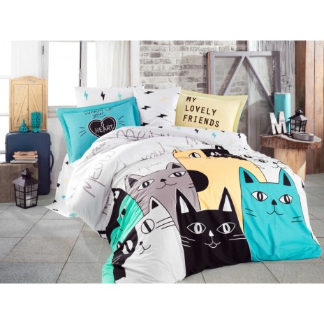 Lenjerie de pat poplin Love Cats Yellow, design pisici, set 4 piese