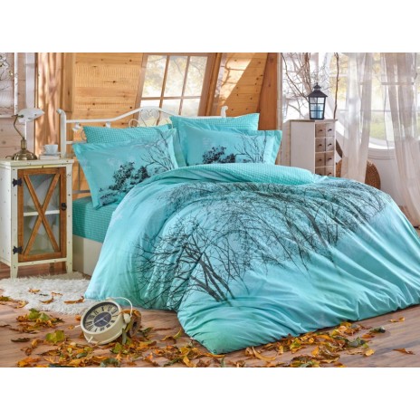 Lenjerie de pat poplin Hobby Home, model Margherita Turquoise, design modern cu copaci negri pe fundal turcoaz, bumbac 100% mercerizat, ambalată în cutie cadou.