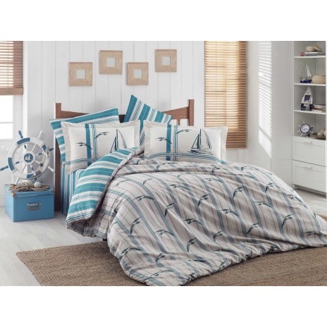 Lenjerie de pat din bumbac mercerizat Marinella Turquoise, model nautic cu dungi turcoaz și alb, set 4 piese, ambalat în cutie cadou.