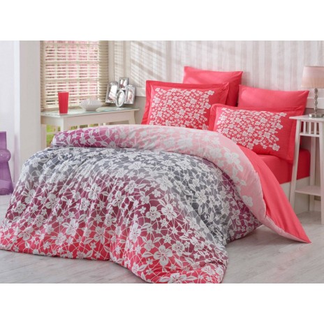 Lenjerie de pat Mira Lal, design floral roșu, alb și gri, set 4 piese