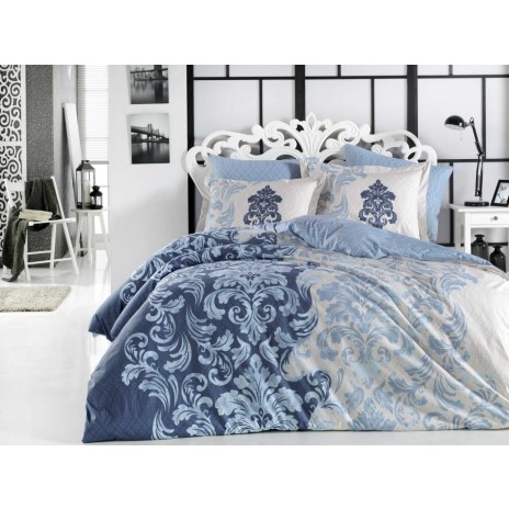 Lenjerie de pat din bumbac mercerizat Hobby Home Mirella Royal, model cu flori albastru și crem, set 4 piese, ambalat în cutie cadou.
