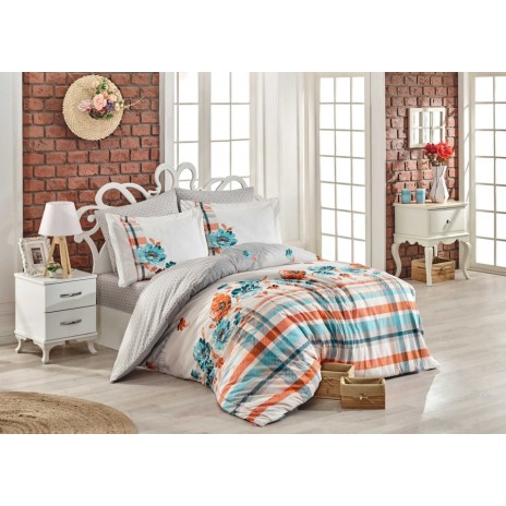 Lenjerie de pat poplin Norma Turquoise cu flori turcoaz și portocalii, set de 4 piese, bumbac mercerizat, ambalată în cutie cadou.
