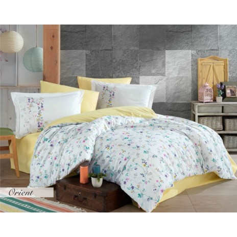 Lenjerie de pat Poplin Percale Orient Yellow, bumbac 100%, cu flori pastel și cearșaf galben deschis, cearșaf pilotă, cearșaf pat, fețe de pernă