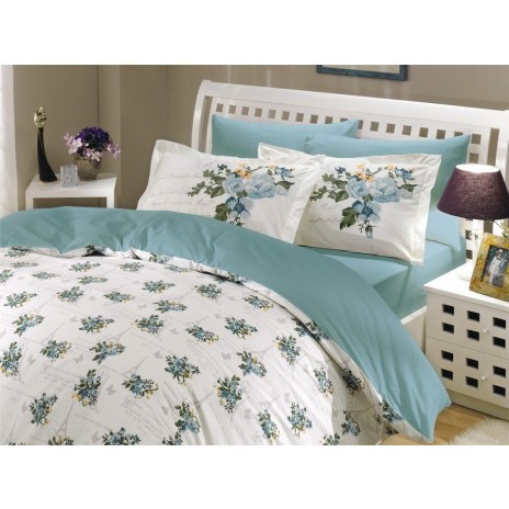 Lenjerie de pat din bumbac mercerizat Hobby Home Paris Spring Turquoise, model floral turcoaz și verde, set 4 piese, ambalat în cutie cadou.