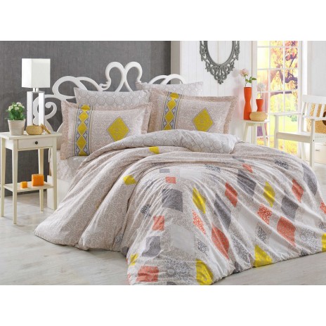 Lenjerie de pat Hobby Home Rhapsody Cream cu romburi galbene, portocalii și gri pe fundal crem, set 4 piese din bumbac mercerizat