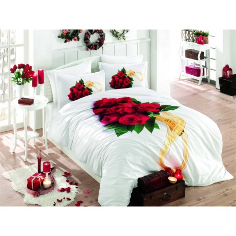 Lenjerie de pat din bumbac mercerizat Rosemary, model elegant cu trandafiri roșii pe fundal alb, set 4 piese, ambalat în cutie cadou.