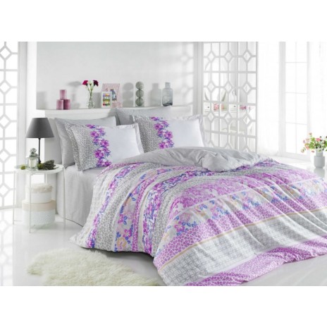 Lenjerie de pat poplin Hobby Home, model Scarlet Grey, design floral și geometrice în nuanțe de mov, roz și gri, bumbac 100% mercerizat, ambalată în cutie cadou.