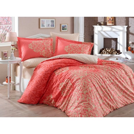Lenjerie de pat din bumbac mercerizat Hobby Home Serenity Red, model floral roșu și crem, set 4 piese, ambalat în cutie cadou.
