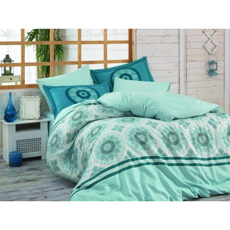 Lenjerie de pat din bumbac mercerizat Hobby Home Silvana Blue, model geometric albastru și turcoaz, set 4 piese