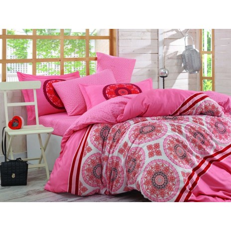 Lenjerie de pat din bumbac mercerizat Hobby Home Silvana Coral, model geometric roz și corai, set 4 piese