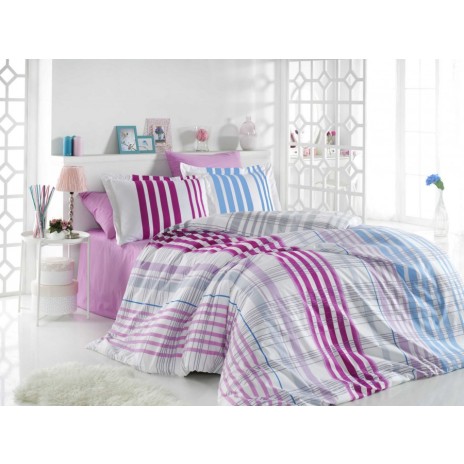 Lenjerie de pat poplin percale Hobby Home, model Stripe Fuchsia, design modern cu dungi în nuanțe de fuchsia, albastru și gri pe fundal alb, bumbac 100% mercerizat, ambalată în cutie cadou.