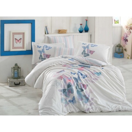 Lenjerie de pat poplin percale Hobby Home, model Sueno Green, design cu fluturi în nuanțe de albastru, roz și violet pe fundal alb, bumbac 100% mercerizat, ambalată în cutie cadou.