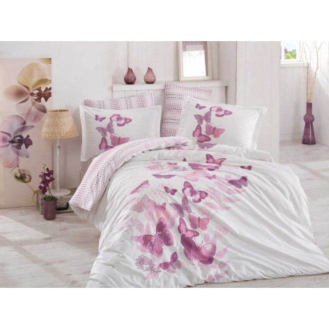 Lenjerie de pat poplin percale Hobby Home, model Sueno Lilac, design cu fluturi în nuanțe de lila și roz pe fundal alb, bumbac 100% mercerizat, ambalată în cutie cadou.