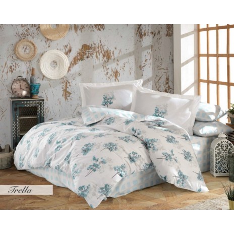 Lenjerie de pat Poplin Percale Trella Turquoise, bumbac 100%, cu imprimeuri de copaci turcoaz, cearșaf pilotă, cearșaf pat, fețe de pernă, design modern