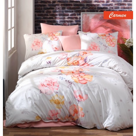 Lenjerie de pat cu design floral roz, galben și mov pe fundal alb