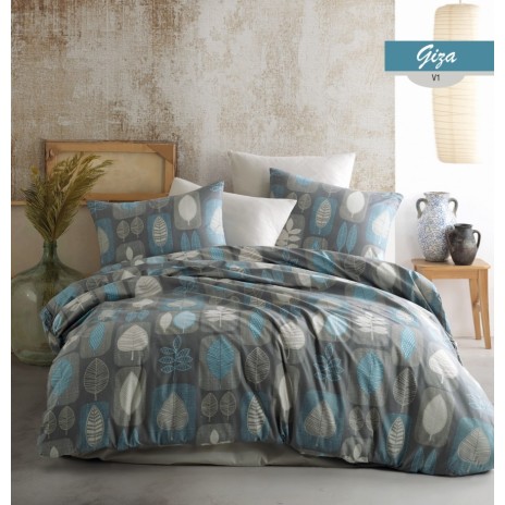 Lenjerie de pat dublu bumbac 100% ranforce cu design de frunze albastru și gri, set de 6 piese