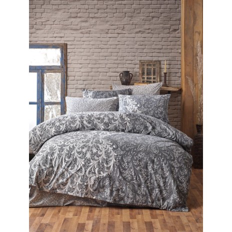 Lenjerie de pat dublu din bumbac ranforce cu model baroc complex în nuanțe de negru și gri