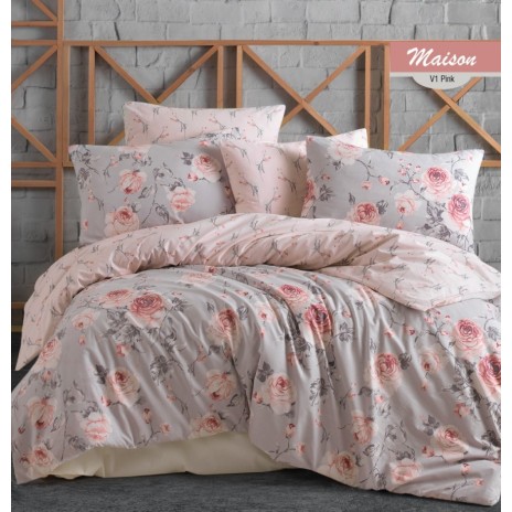 Lenjerie de pat cu design floral roz și gri pe fundal gri deschis și roz pal