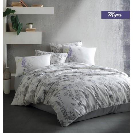 Lenjerie de pat cu design floral gri și accente de lavandă pe fundal alb