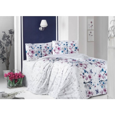 Lenjerie de pat dublu din bumbac ranforce cu model floral în nuanțe de albastru și roz pe fundal alb