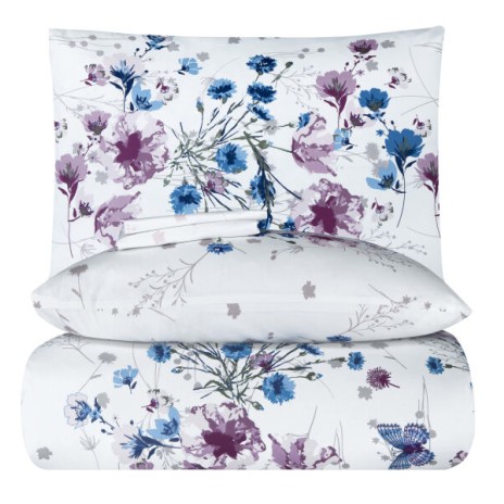 Lenjerie de pat dublu din bumbac ranforce cu model floral în nuanțe de albastru și roz pe fundal alb